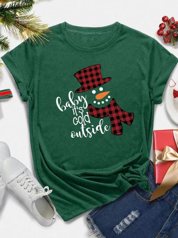 Women's Christmas Cartoon Snowman & Letter Print Round Neck Tee, Casual Short Sleeve Crew Neck T-shirt for Summer,...