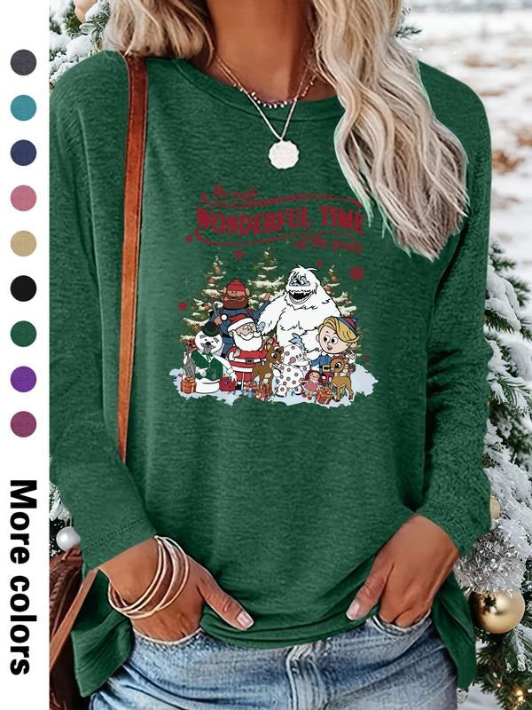 Women's Christmas Cartoon Snowman Print Long Sleeve Casual Fitted T-Shirt, Comfortable Fabric, Available in 9 Colors...