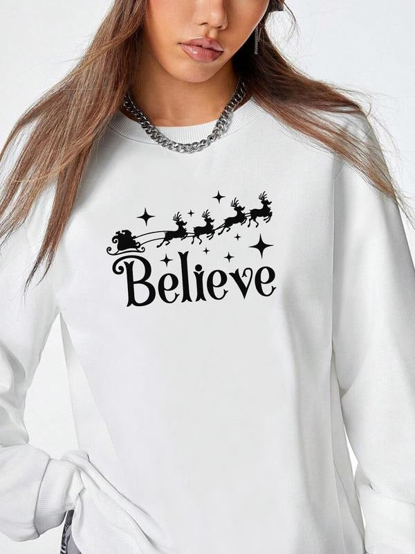 Women's Christmas Casual Letter Long Sleeve Round Neck Pullover Sweatshirt, Available in 9 Colors, Fitted Style, Moderate...