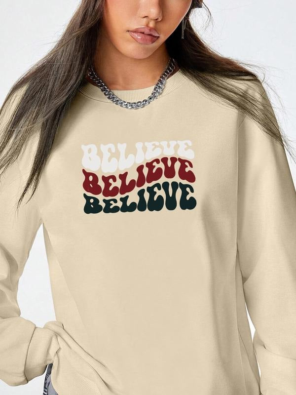 Women's Christmas Casual Letter Print Long Sleeve Round Neck Pullover Sweatshirt, Available in 5 Colors, Fitted Style,...