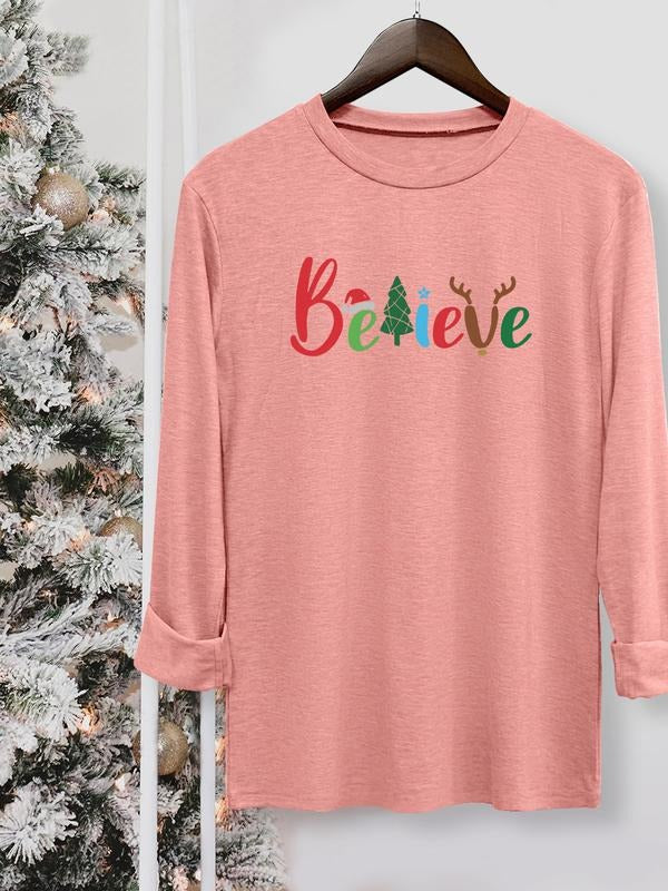 Women's Christmas Casual Letter Print Round Neck Long Sleeve T-Shirt, Comfortable Fabric, Available in 10 Colors, All...