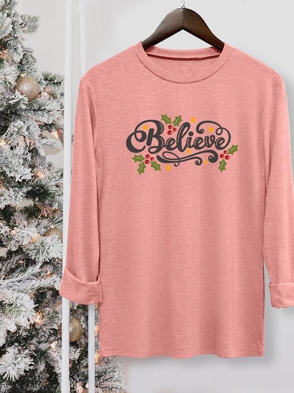 Women's Christmas Casual Letter Print Round Neck Long Sleeve T-Shirt, Comfortable Fabric, Available in 10 Colors, All...