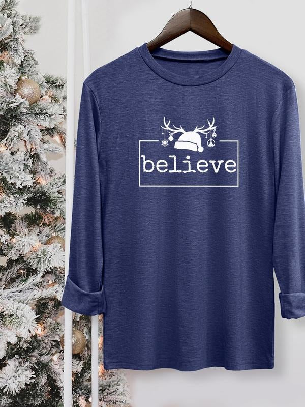 Women's Christmas Casual Letter Print Round Neck Long Sleeve T-Shirt, Comfortable Fabric, Available in 10 Colors, All...