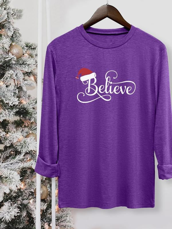 Women's Christmas Casual Letter Print Round Neck Long Sleeve T-Shirt, Comfortable Fabric, Available in 10 Colors, All...