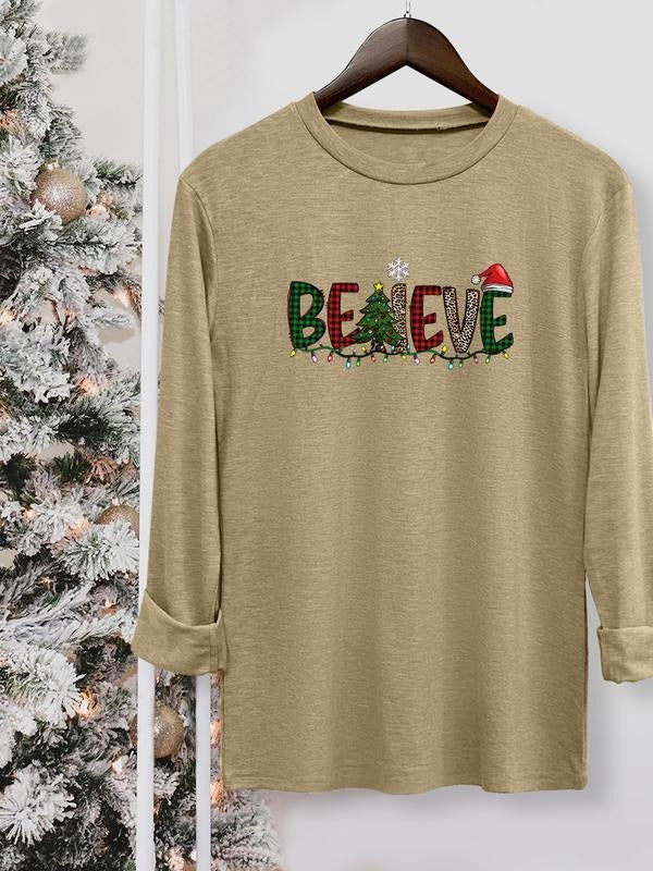 Women's Christmas Casual Letter Print Round Neck Long Sleeve T-Shirt, Comfortable Fabric, Available in 10 Colors, All...