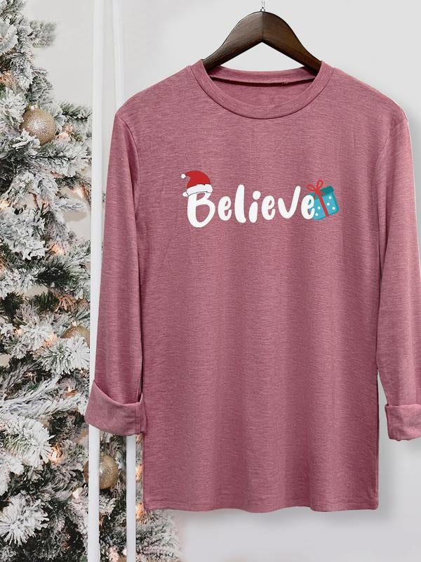 Women's Christmas Casual Letter Print Round Neck Long Sleeve T-Shirt, Comfortable Fabric, Available in 10 Colors, All...