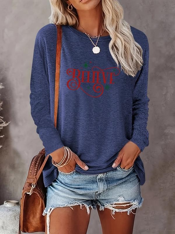 Women's Christmas Casual Letter Print Round Neck Long Sleeve T-Shirt, Comfortable Fabric, Available in 10 Colors, All...