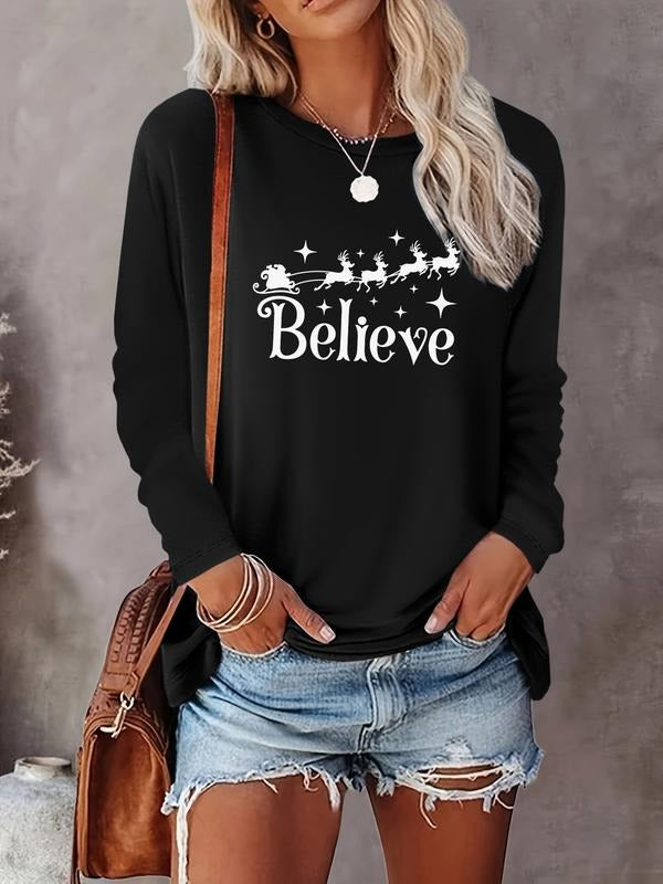 Women's Christmas Casual Letter Print Round Neck Long Sleeve T-Shirt, Comfortable Fabric, Available in 10 Colors, All...