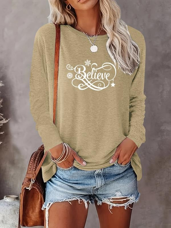 Women's Christmas Casual Letter Print Round Neck Long Sleeve T-Shirt, Comfortable Fabric, Available in 10 Colors, All...