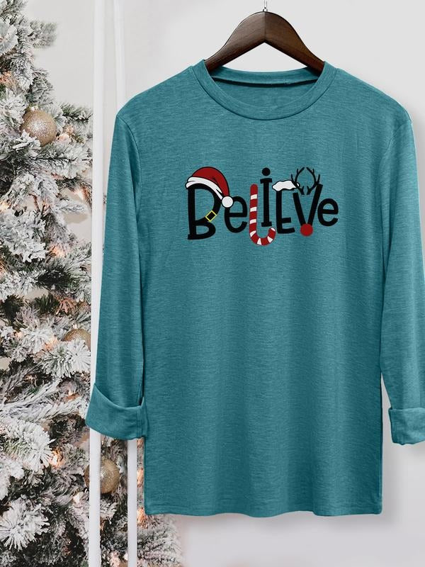 Women's Christmas Casual Letter Print Round Neck Long Sleeve T-Shirt, Comfortable Fabric, Available in 9 Colors, All...