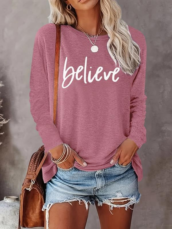 Women's Christmas Casual Letter Print Round Neck Long Sleeve T-Shirt, Comfortable Fabric, Available in 9 Colors, All...