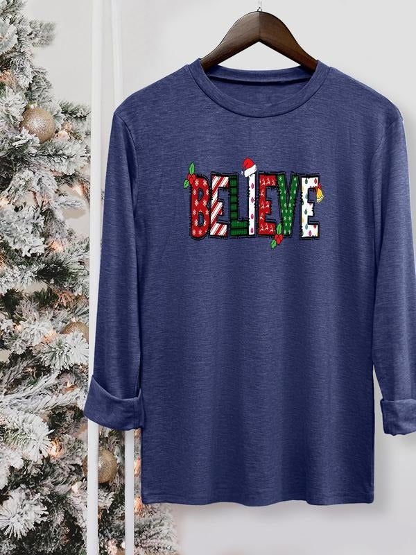 Women's Christmas Casual Letter Print Round Neck Long Sleeve T-Shirt, Comfortable Fabric, Available in 9 Colors, All...
