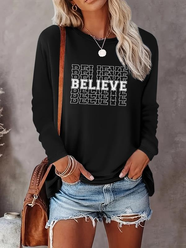 Women's Christmas Casual Letter Print Round Neck Long Sleeve T-Shirt, Comfortable Fabric, Available in 9 Colors, All...