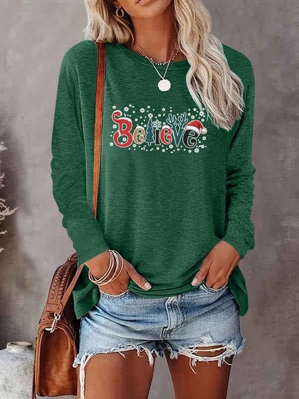 Women's Christmas Casual Letter Print Round Neck Long Sleeve T-Shirt, Comfortable Fabric, Available in 9 Colors, All...