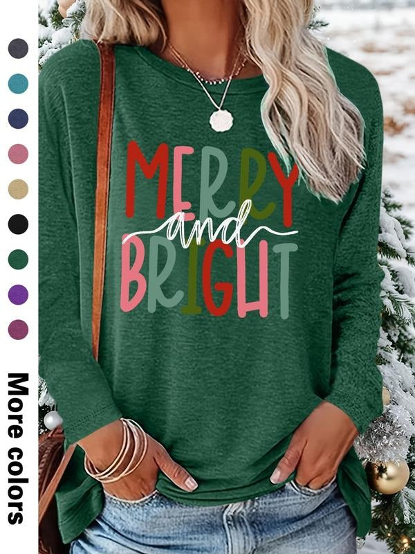 Women's Christmas Casual Letter Print Round Neck Long Sleeve T-Shirt, Comfortable Fabric, Available in 9 Colors, All...