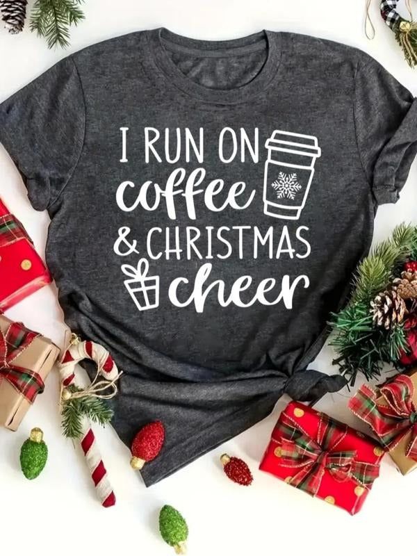 Women's Christmas Coffee & Letter Print Round Neck Tee, Casual Short Sleeve Crew Neck T-shirt for All Seasons, Fashion...