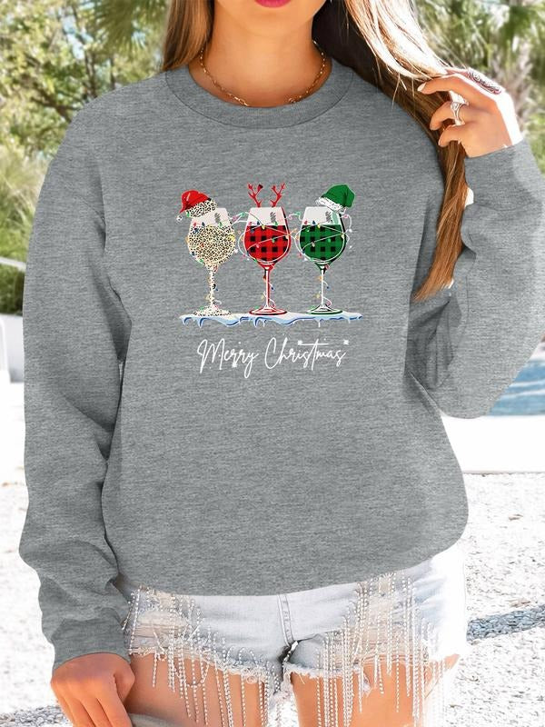 Women's Christmas Cup Print T-Shirt, Long Sleeve Round Neck Pullover Sweatshirt, Casual Holiday Women's Clothing Hoodie