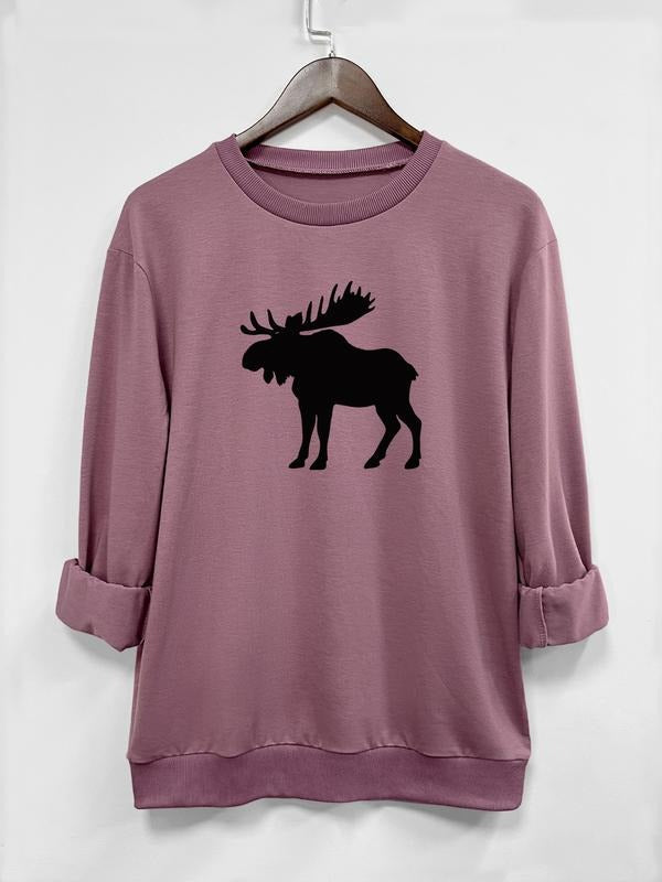 Women's Christmas Deer Print Long Sleeve Round Neck Pullover Sweatshirt, Casual Fitted Sportswear for Home & Daily Wear...