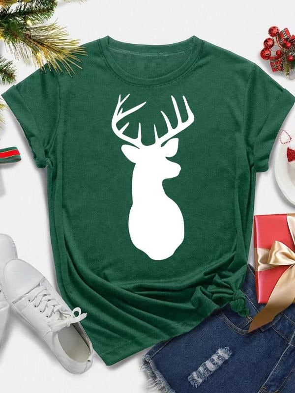Women's Christmas Deer Print Round Neck Tee, Casual Short Sleeve Crew Neck T-Shirt for Daily Holiday Vacation Outdoor...