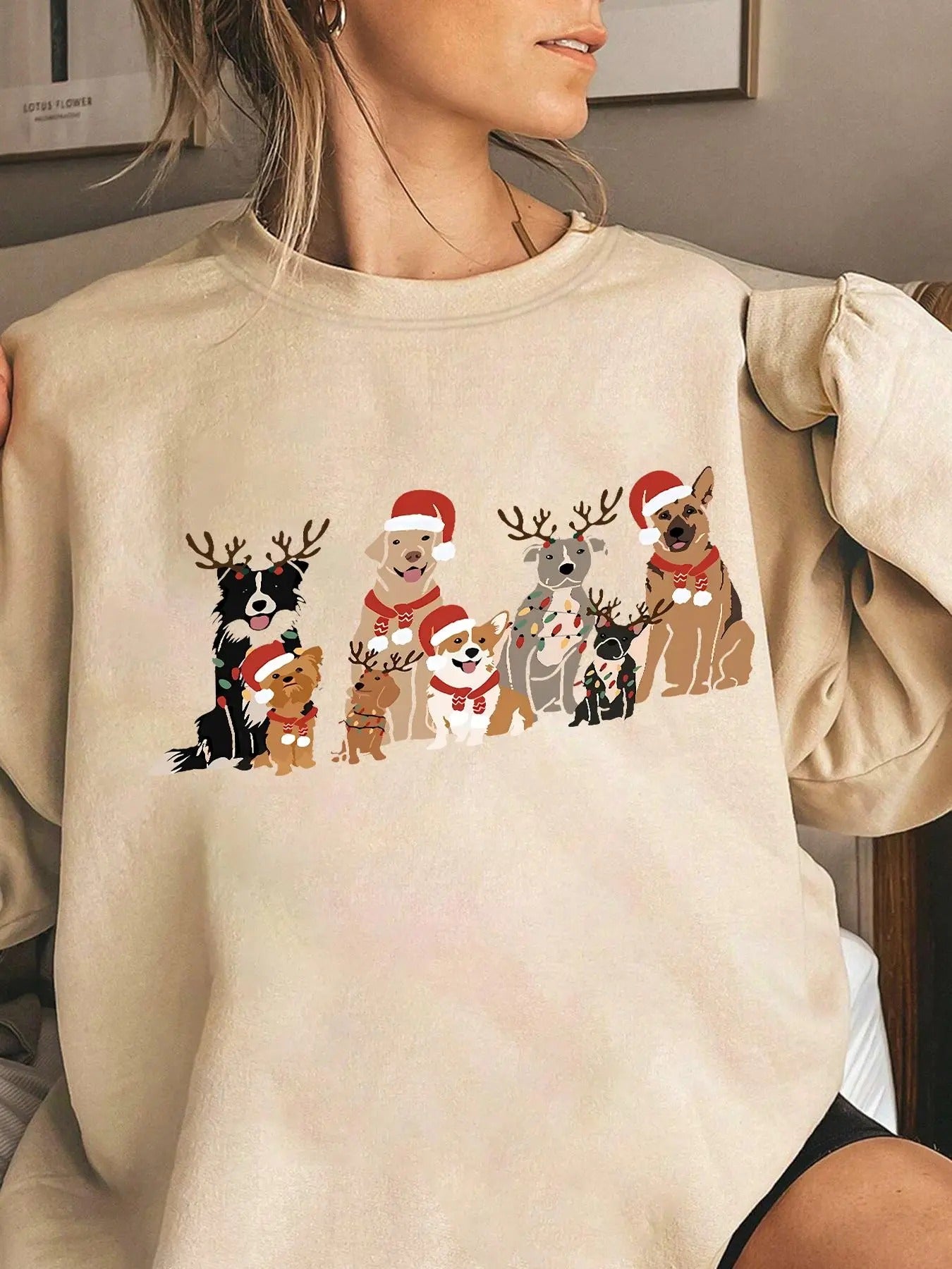 Women's Christmas Dogs Graphic Drop Shoulder Thermal Lined  Sweatshirt, Casual Long Sleeve Round Neck Pullover for Daily...
