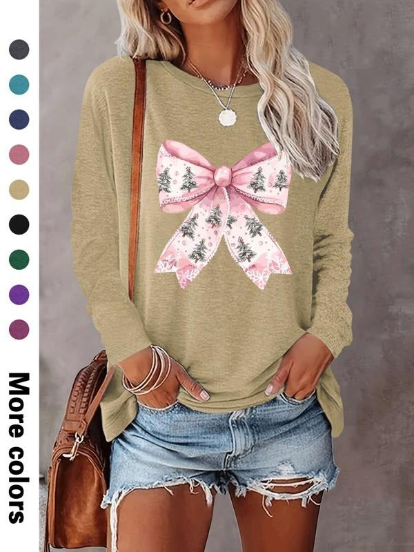 Women's Christmas Fashion Casual Bow Print Long Sleeve T-Shirt, Comfortable Fabric, 9 Colors Available, All Seasons Wear...