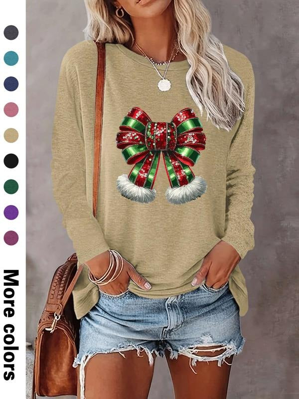 Women's Christmas Fashion Casual Bow Print Long Sleeve T-Shirt, Comfortable Fabric, Available in 9 Colors, All Seasons...
