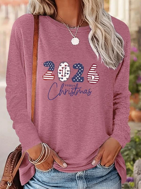 Women's Christmas Fashion Casual Long Sleeve Letter Print Fitted T-Shirt, Comfortable Fabric, Available in 9 Colors...