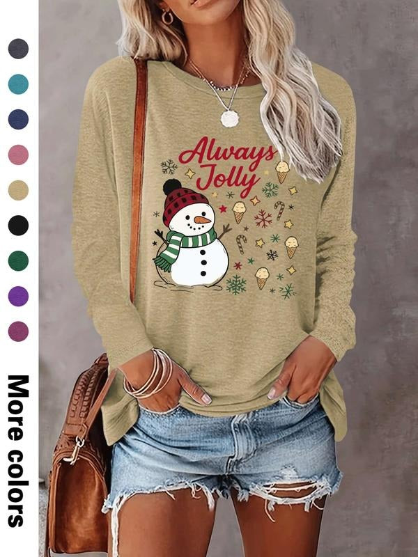 Women's Christmas Fashion Casual Snowman Print Long Sleeve T-Shirt, Comfortable Fabric, Available in 9 Colors, Fitted...