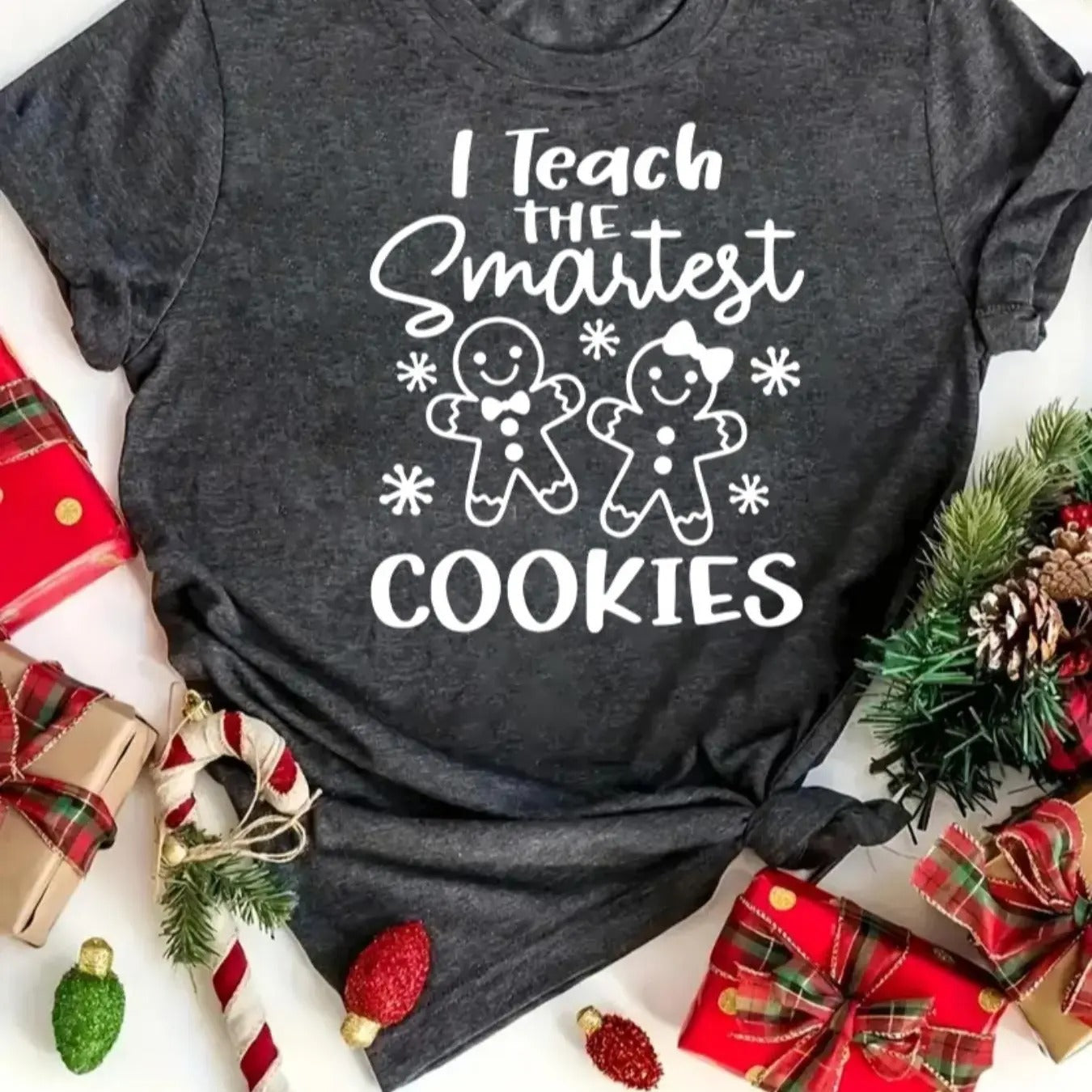 Women's Christmas Gingerbread Cookies & Letter Print Round Neck Tee, Casual Short Sleeve Crew Neck T-shirt for All...