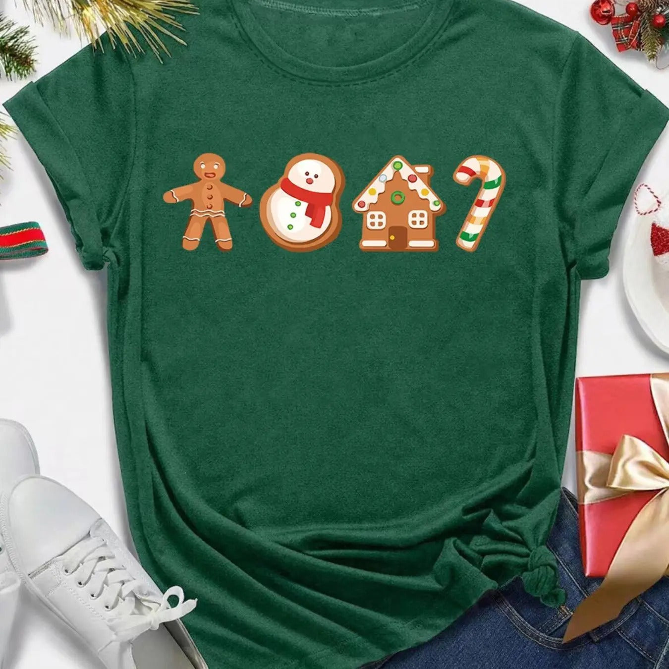 Women's Christmas Gingerbread House Print Tee, Casual Short Sleeve T-shirt for Daily Wear, Ladies Clothes for All Seasons...
