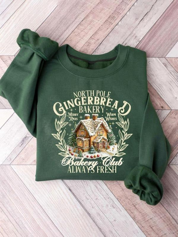 Women's Christmas Gingerbread House Print Thermal Lined Sweatshirt, Casual Long Sleeve Round Neck Pullover for Fall &...