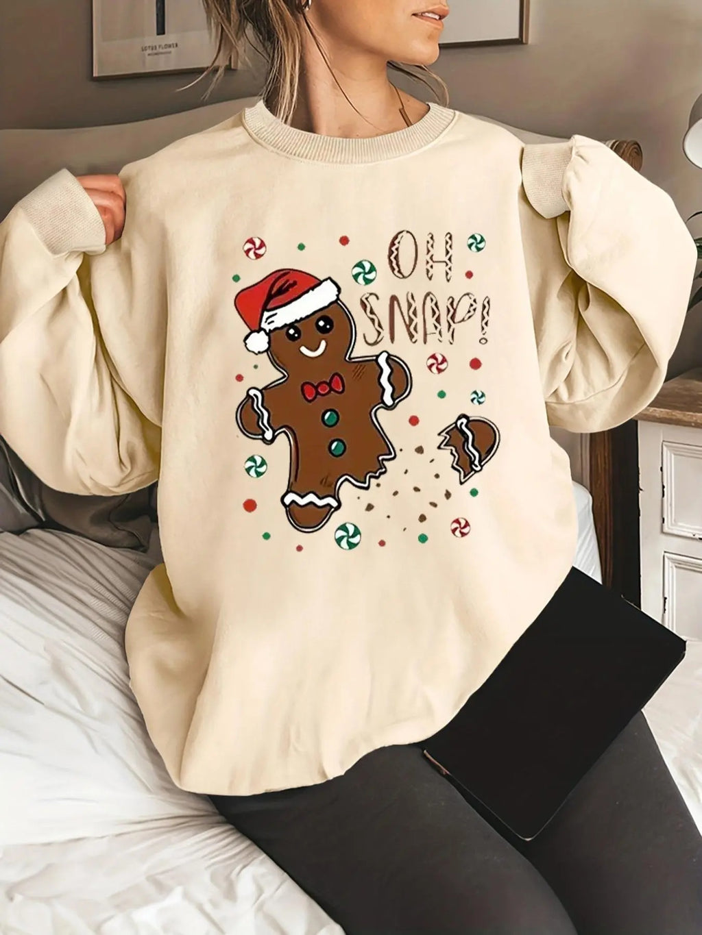Women's Christmas Gingerbread Man & Letter Print Crew Neck Sweatshirt, Casual Drop Shoulder Long Sleeve Pullover, Women's...