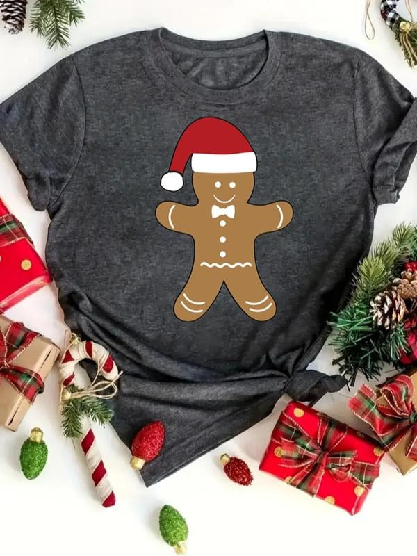 Women's Christmas Gingerbread Man Graphic Round Neck Tee, Casual Short Sleeve Crew Neck T-shirt for Daily Holiday...