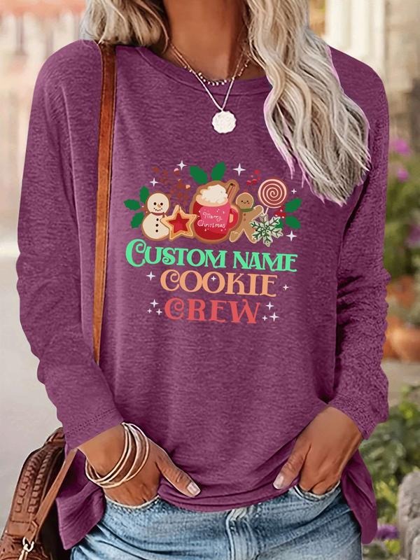 Women's Christmas Gingerbread Man Print Long Sleeve Casual Fitted T-Shirt, Comfortable Fabric, Available in 9 Colors...