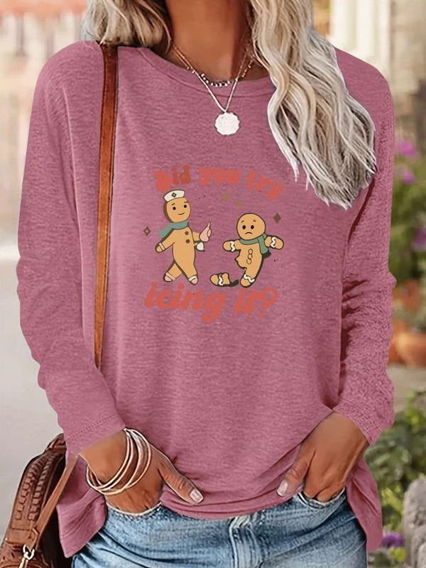 Women's Christmas Gingerbread Man Print Long Sleeve Casual Fitted T-Shirt, Comfortable Fabric, Available in 9 Colors...