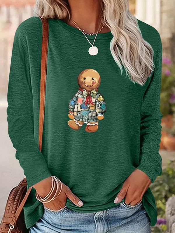 Women's Christmas Gingerbread Man Print Long Sleeve Casual Fitted T-Shirt, Comfortable Fabric, Available in 9 Colors...