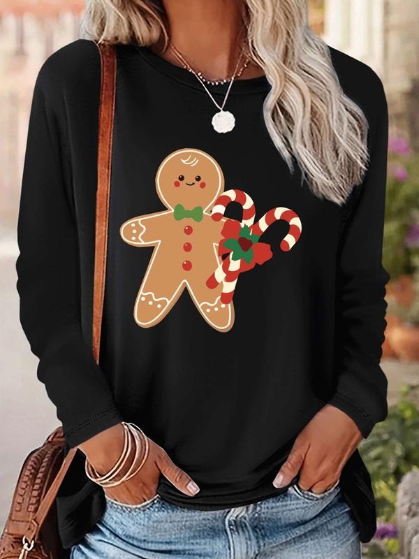 Women's Christmas Gingerbread Man Print Long Sleeve Casual Fitted T-Shirt, Comfortable Fabric, Available in 9 Colors...