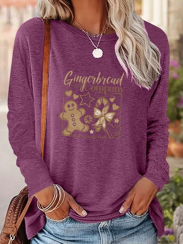 Women's Christmas Gingerbread Man Print Long Sleeve Fitted Casual T-Shirt, Comfortable Fabric, Available in 9 Colors...