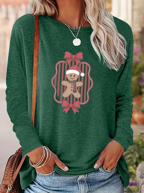 Women's Christmas Gingerbread Man Print Long Sleeve Fitted Casual T-Shirt, Comfortable Fabric, Available in 9 Colors...
