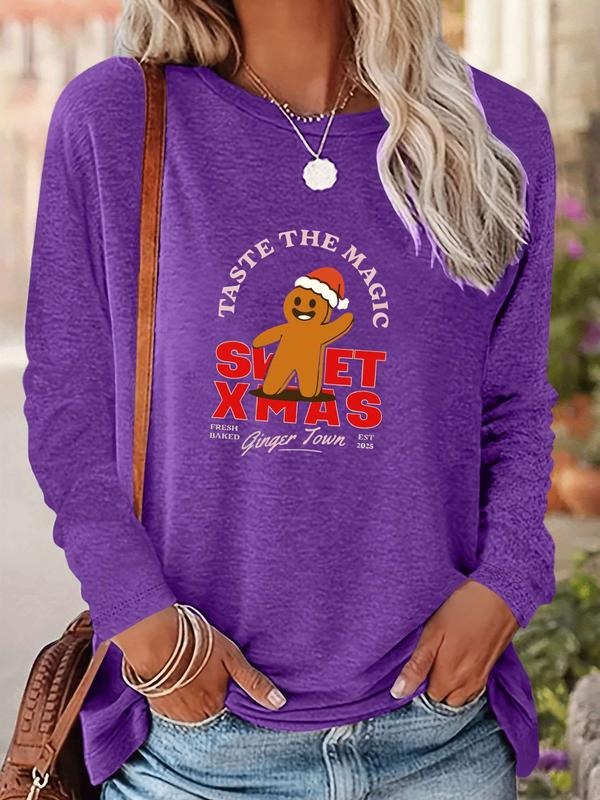 Women's Christmas Gingerbread Man Print Long Sleeve Fitted Casual T-Shirt, Comfortable Fabric, Available in 9 Colors...