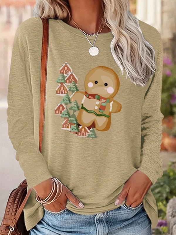 Women's Christmas Gingerbread Man Print Long Sleeve Fitted Casual T-Shirt, Comfortable Fabric, Available in 9 Colors...
