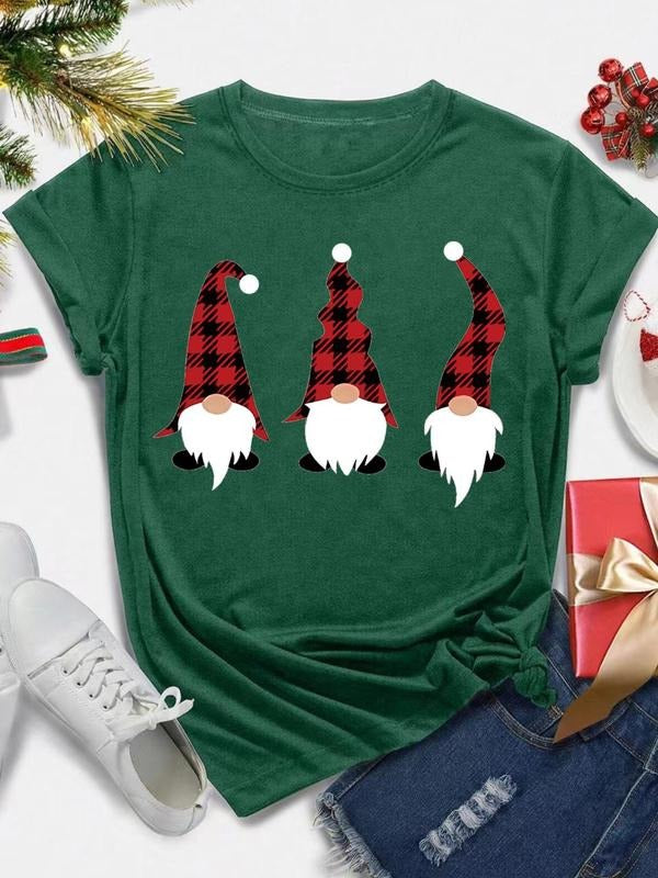 Women's Christmas Gnome Print Round Neck Tee, Casual Short Sleeve Crew Neck T-shirt for All Seasons, Fashion Women's Top...
