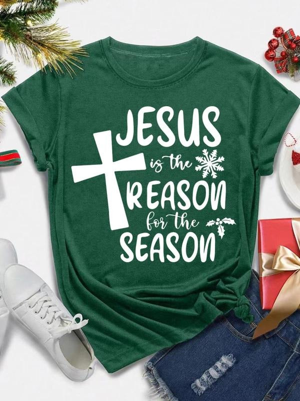 Women's Christmas Letter & Cross Print Round Neck Tee, Casual Short Sleeve Crew Neck T-Shirt for Summer, Fashion Women's...