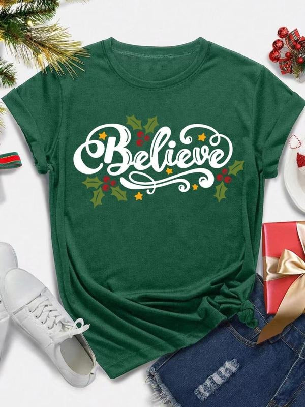 Women's Christmas Letter & Plants Print Round Neck Tee, Casual Short Sleeve Crew Neck T-Shirt for All Seasons, Fashion...