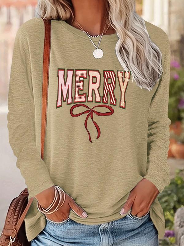 Women's Christmas Letter Bow Print Long Sleeve Casual Fitted T-Shirt, Comfortable Fabric, Available in 9 Colors, All...