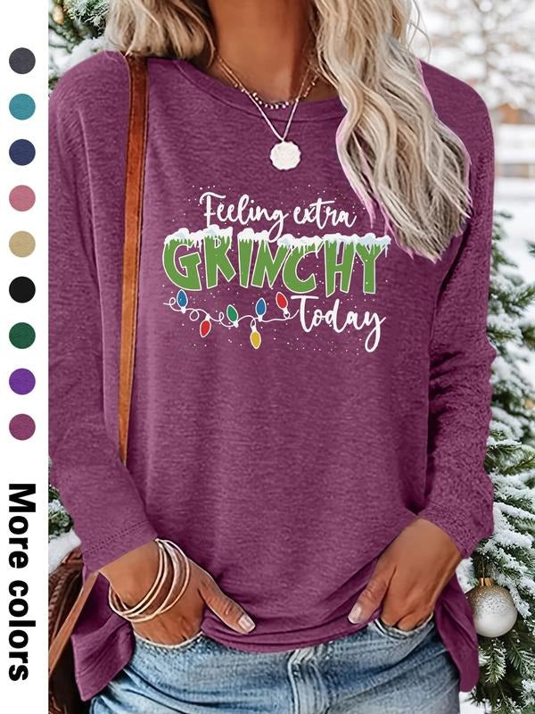 Women's Christmas Letter Cartoon Print Long Sleeve Casual Fitted T-Shirt, Comfortable Fabric, Available in 9 Colors...