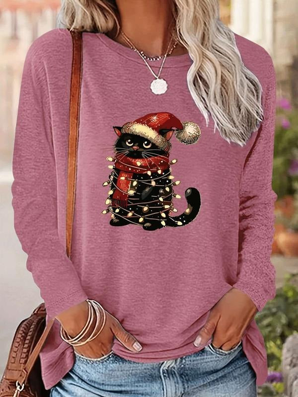 Women's Christmas Letter Cat Print Long Sleeve Fitted Casual T-Shirt, Comfortable Fabric, Available in 9 Colors, All...