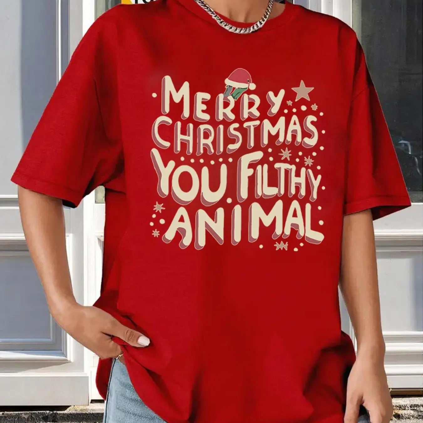Women's Christmas Letter Print Drop Shoulder Tee, Casual Half Sleeve Round Neck T-shirt for Summer, Women's Top for Daily...