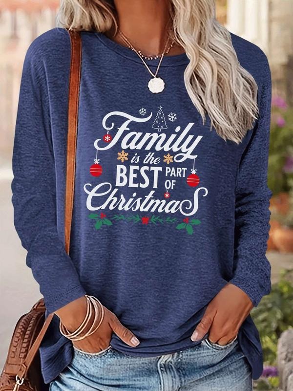 Women's Christmas Letter Print Long Sleeve Casual Fitted T-Shirt, Casual Fashionable Top, Comfortable Fabric, Available...