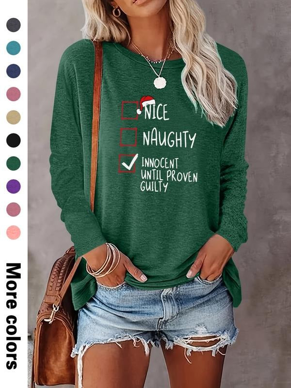 Women's Christmas Letter Print Long Sleeve Casual Fitted T-Shirt, Comfortable Fabric, Available in 10 Colors, All Seasons...